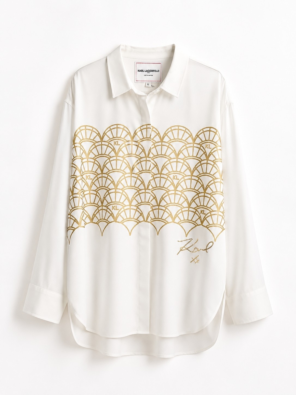 Karl Lagerfeld Paris White Blouse with Gold Art Deco Print - Picture 2 of 7